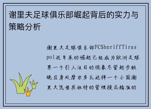 谢里夫足球俱乐部崛起背后的实力与策略分析 谢里夫足球俱乐部崛起背后的实力与策略分析