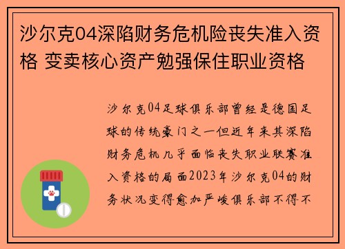 沙尔克04深陷财务危机险丧失准入资格 变卖核心资产勉强保住职业资格